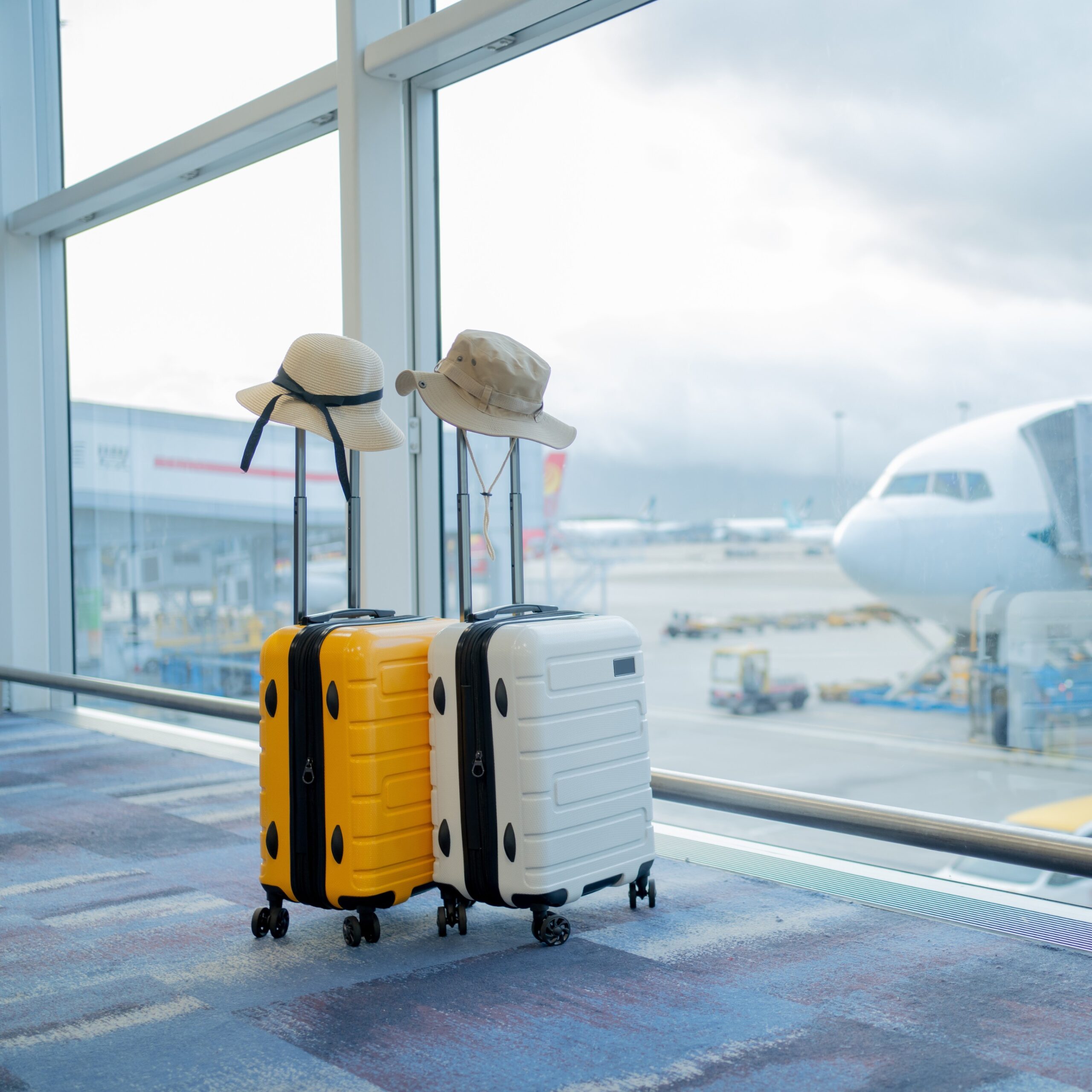 Yellow and white luggage with hats on the handle at the airport
